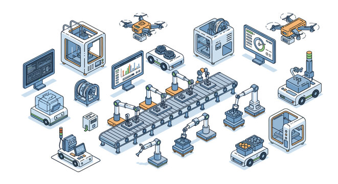 An isometric view of a factory floor featuring robotic arms, conveyor belts, drones, 3D printers, and monitoring screens in cool blue tones throughout.