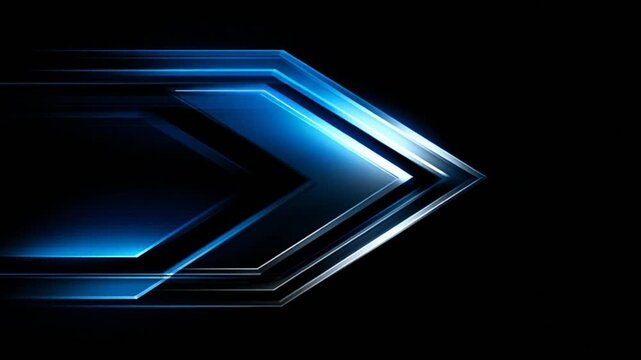 Blue, geometric arrow design, gradients and shadows, on a black background, representing movement
