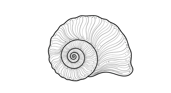 Detailed black and white line drawing of a spiral snail shell featuring intricate ridges and natural patterns.