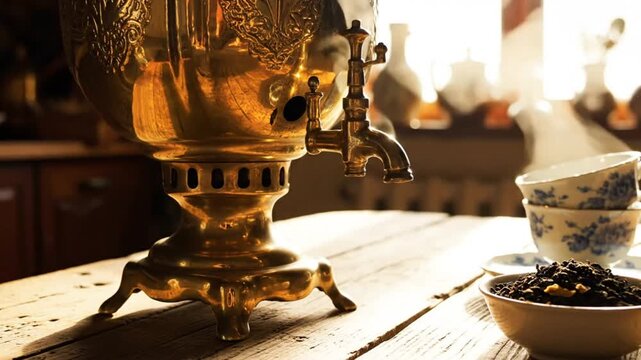 Golden Antique Samovar with Steam and Tea Ceremony Setting on Rustic Wooden Table