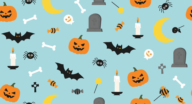Halloween seamless pattern featuring pumpkins bats graves candles candies and bones on a light blue background.