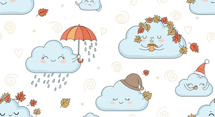 Fototapeta premium Seamless pattern with cute clouds experiencing different seasons like autumn rain and winter snow with hats.
