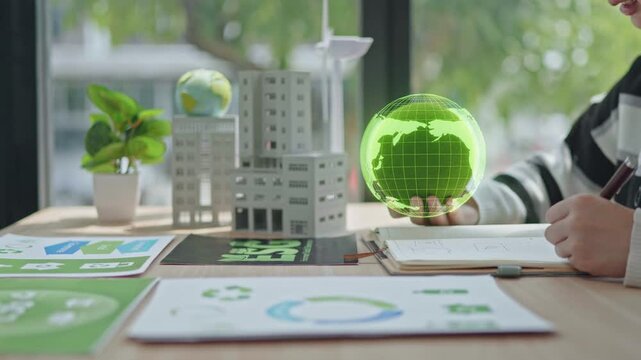 Sustainable development action plan office workspace cgi visualization green environment close-up view esg practices