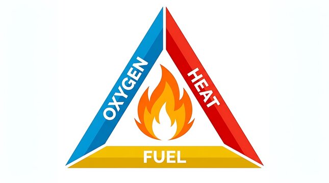 The fire triangle concept with oxygen, heat, and fuel elements on a white background