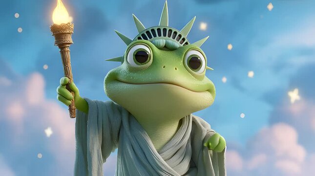 3D Animated Frog Dressed as Statue of Liberty Holding a Flaming Torch