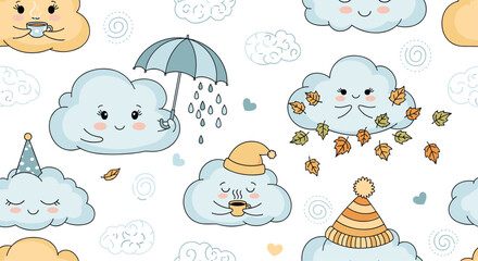Fototapeta premium Adorable seamless pattern of cute cloud characters drinking coffee and playing with autumn leaves for seasonal weather and cozy fall themes.