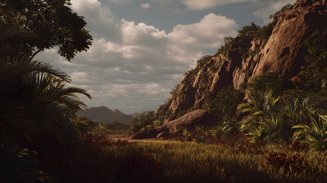 Lush tropical valley with rocky cliff, tall grass and dramatic cloudy sky conveying calm adventure mood