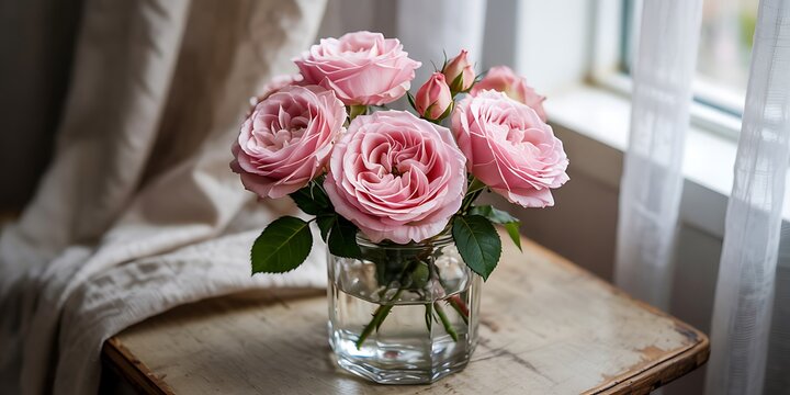 Pink roses in a glass vase on a wooden table by the window with white curtains