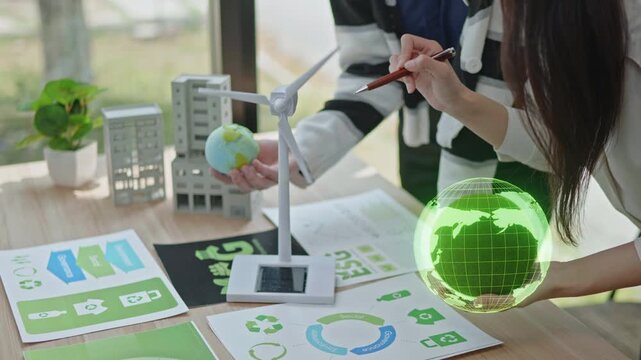 Sustainable development planning eco-friendly office infographics indoor workspace engaging perspective esg cgi concepts