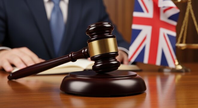 British legal system judge gavel on wooden desk, United Kingdom flag in courtroom background, UK law and justice concept with wooden hammer