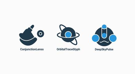 Fototapeta premium Abstract technology icons: data connection, orbital system, and deep space exploration
