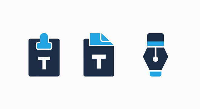 Typography icons: clipboard with text, document with text, and fountain pen