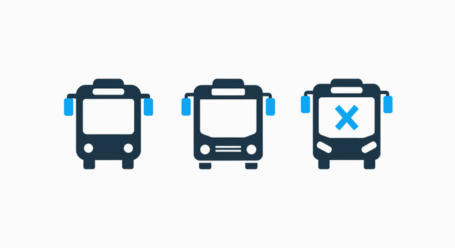 Collection of three bus icons, one indicating a cancelled or unavailable bus service with a clear 'x' mark