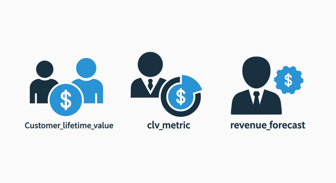 Business metrics icons for customer lifetime value and revenue forecasting analytics