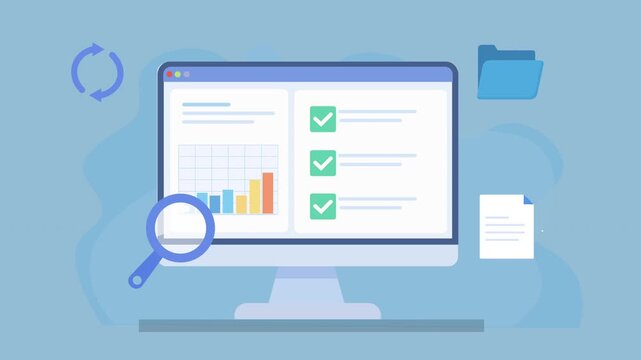 Animated cloud dashboard with charts, checklist, sync, folder and document icons, representing file management, data storage, and digital workflow in a modern interface.
