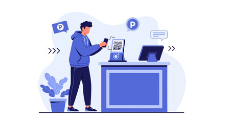 Fototapeta premium Man using smartphone to pay for parking via QR code at automated kiosk