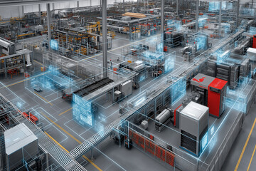 Fototapeta premium Smart factory powered by AI automation, with conveyor systems, robotic units, and real-time data overlays controlling production seamlessly