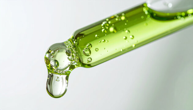 Glass serum dropper with green cosmetic oil, droplet falling from pipette tip, beauty and skincare product