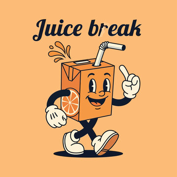 Retro Cartoon Juice Box Character with Straw and Orange Slice.