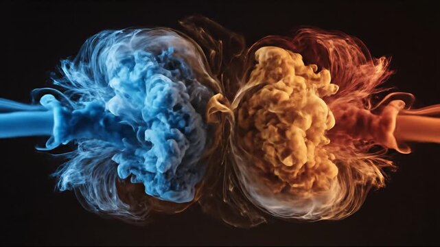 Two swirling, colorful clouds erupting from opposite ends, against a dark backdrop