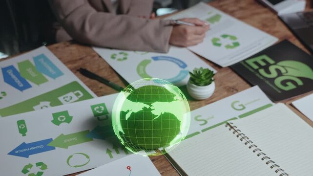 Sustainable business strategies global insights digital workspace interactive content close-up view esg cgi concept
