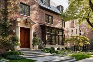 Naklejka premium Beautiful brick house with large windows and green plants in the front yard located in a quiet neighborhood during sunny daytime