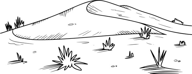 Hand drawn of a desert landscape with sand dunes and sparse vegetation nature © Jisan