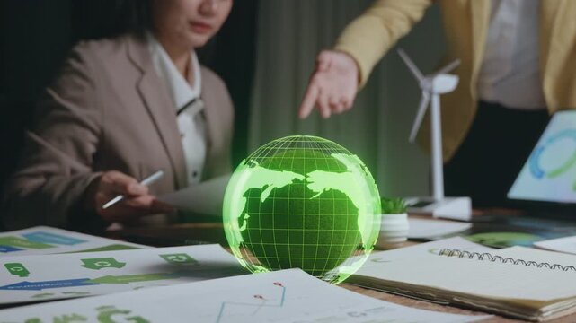 Sustainable business meeting corporate office image dimly lit close-up esg cgi integration for environmental responsibility