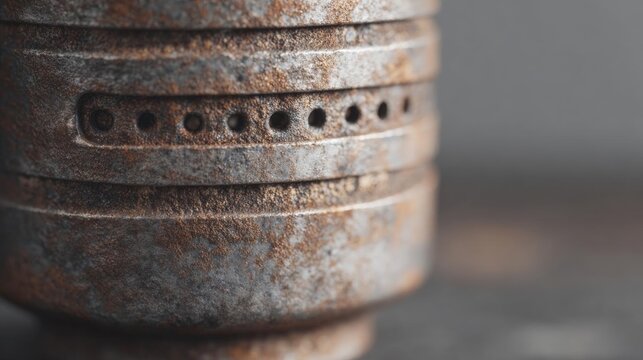 Close-up of a rusted metal object. the object appears to be cylindrical in shape and has a rough, uneven surface. it has multiple holes in the center, which are likely for ventilation.