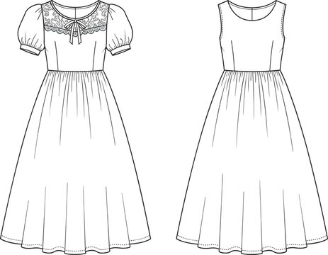 Lace yoke dress front and back view line art fashion apparel template short sleeve elegant editable outline design
