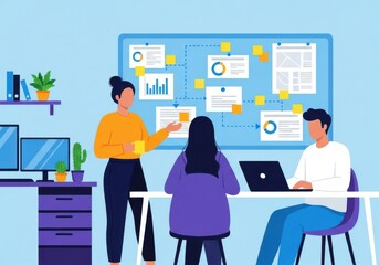 Fototapeta premium A group of people are standing around a table looking at blueprints and a man is wearing a hard hat in an office setting with coworkers