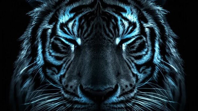 A close-up image of a tiger's face with striking blue eyes, against a dark backdrop