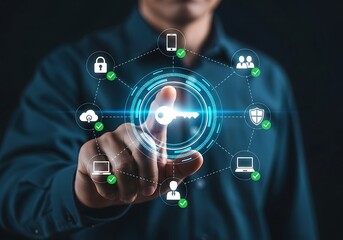 Fototapeta premium Professional activating cybersecurity platform with encryption key representing digital identity protection and secure data systems