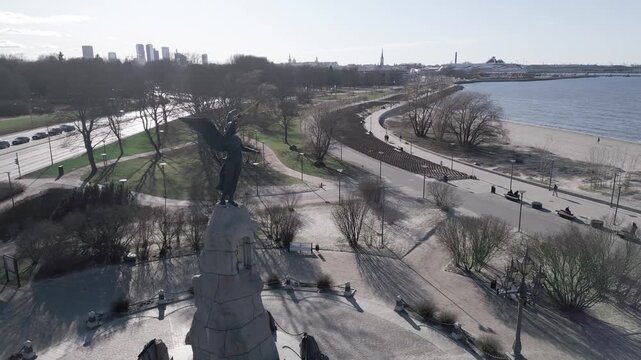 Aerial view of Russalka Memorial and seaside promenade with beach in Tallinn Estonia