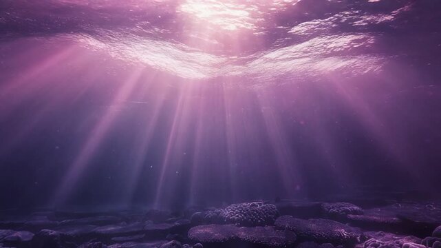 Underwater scene depicts sun rays piercing the surface, illuminating a coral reef below