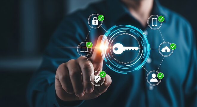 Corporate cybersecurity interface displaying encryption key and security verification icons for protected data access management