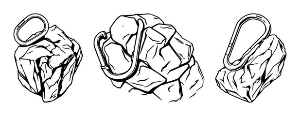 Fototapeta premium Rock climbing carabiners set with black line art illustration on white background featuring carabiners, climbing gear, knotting with minimalism and silhouette