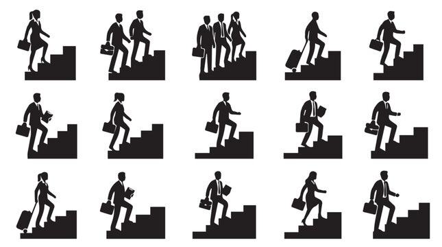 Businessman climbing stairs with briefcases.