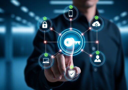 Business professional activating digital security key interface representing cybersecurity authentication system and secure enterprise data access technology