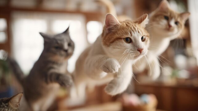 Three cats in a room with a window in the background. the cat in the center is an orange tabby with white markings on its face and paws.