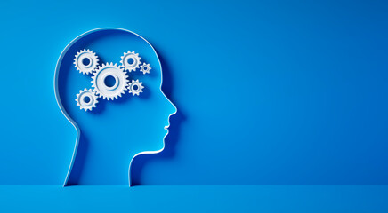 Conceptual artwork showing a 3D silhouette of a head with gear mechanics symbol against blue wall