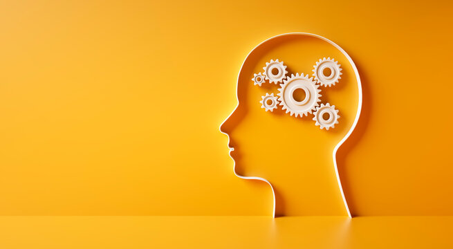 Conceptual artwork showing a 3D silhouette of a head with gear mechanics symbol against yellow wall