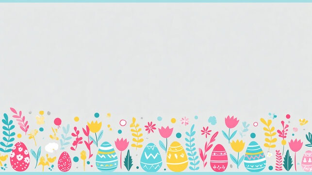 Happy Easter Seamless Border with Decorative Eggs and Spring Flowers, Pastel Holiday Background, Modern Floral Banner, Cute Seasonal Ornament, Festive Easter Design and Greeting Ca