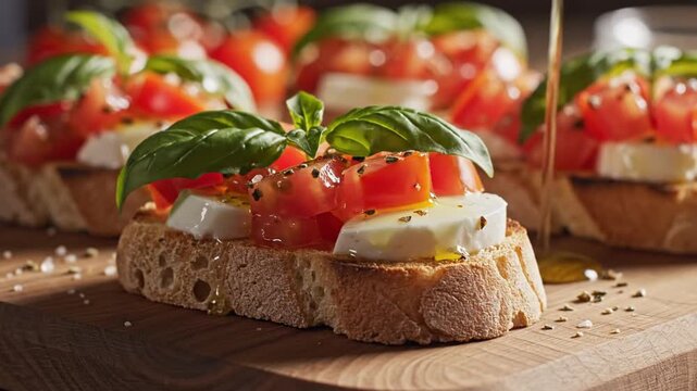 Close-up of Italian bruschetta appetizers with toasted baguette slices, fresh diced tomatoes, mozzarella cheese, and basil leaves being drizzled with olive oil on a wooden board.