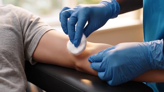 Close-up of a nurse in blue gloves cleaning a patient's arm with a cotton pad before blood draw or injection