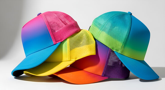 Stack of colorful hats arranged neatly showcasing vibrant fashion accessories, modern style, and casual lifestyle