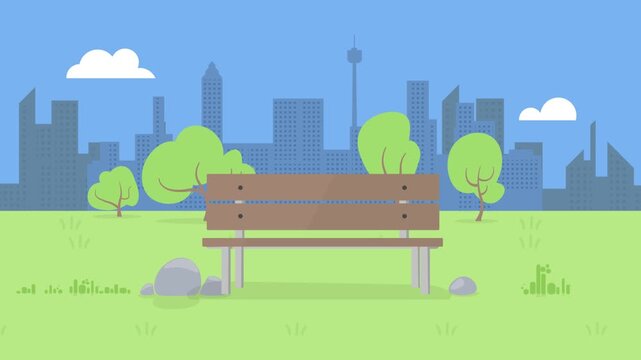Park bench facing city skyline buildings