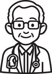 Obraz premium Hand Drawn Elderly Male Doctor Black and White Illustration in Minimal Line Art Style Design