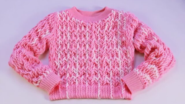 Cozy hand-knitted pink sweater with intricate cable knit pattern, studio shot