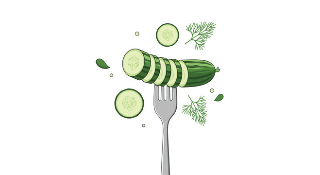 Fresh green cucumber slices floating around a silver fork with sprigs of dill on a clean white background for healthy eating ideas.